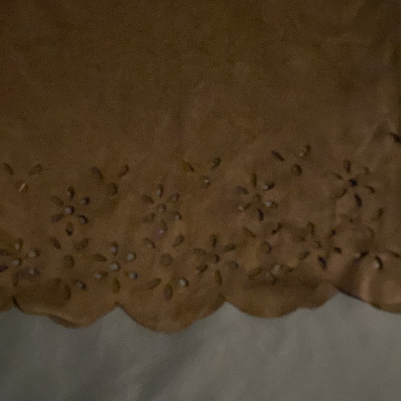 C brand Solid Brown Suede-Like Stretchy Short-Sleeved Dress with Flowery Trim - Picture 7 of 16